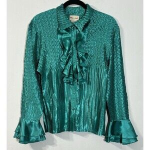 Toffee Apple Y2K Green Ruffle Blouse Chevron Smocked Pleated Bell Cuff Large